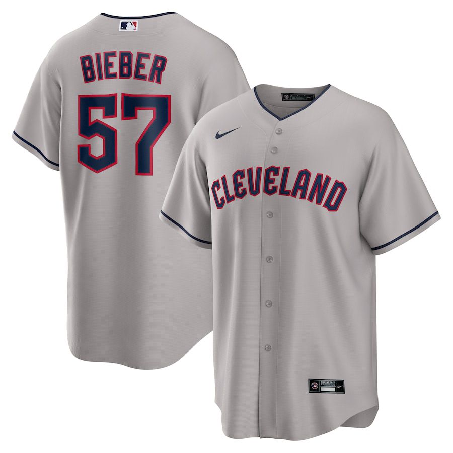 Men Cleveland Guardians 57 Shane Bieber Nike Gray Road Replica Player MLB Jersey